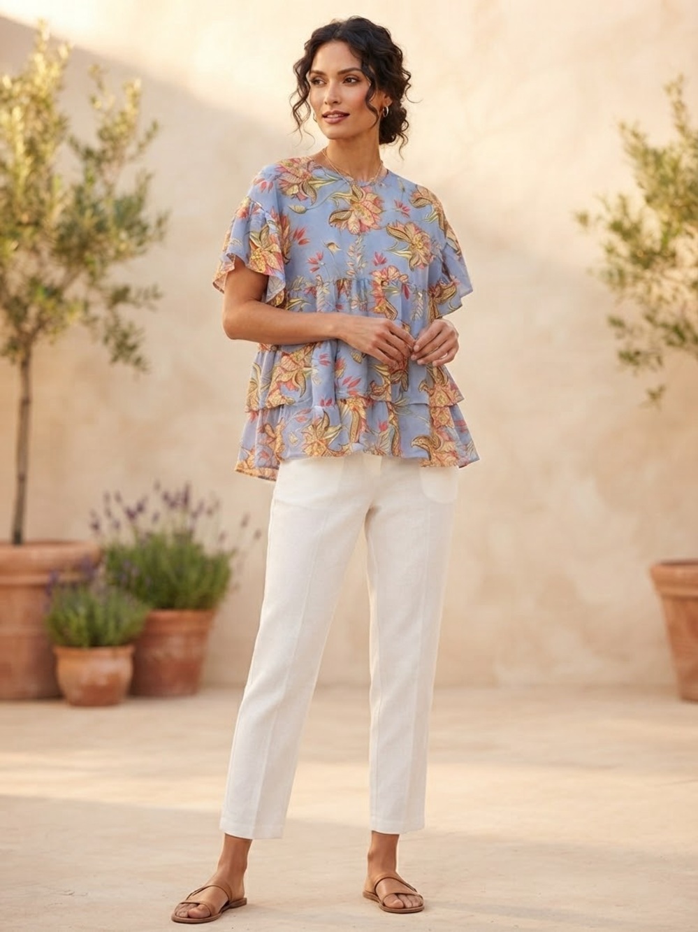 Tiered Floral Flutter-Sleeve Blouse in Light Blue